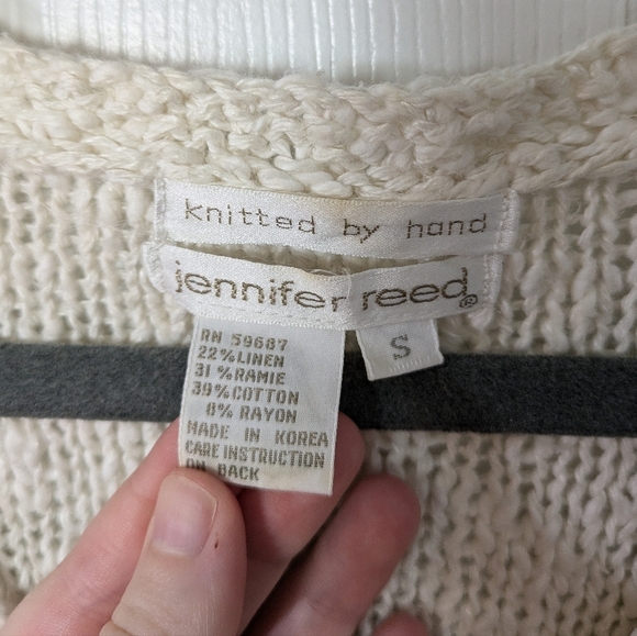 Vintage 80s Hand Knit Linen Ramie‎ Blend Cream Sweater by Jennifer Reed Size S - Picture 2 of 5